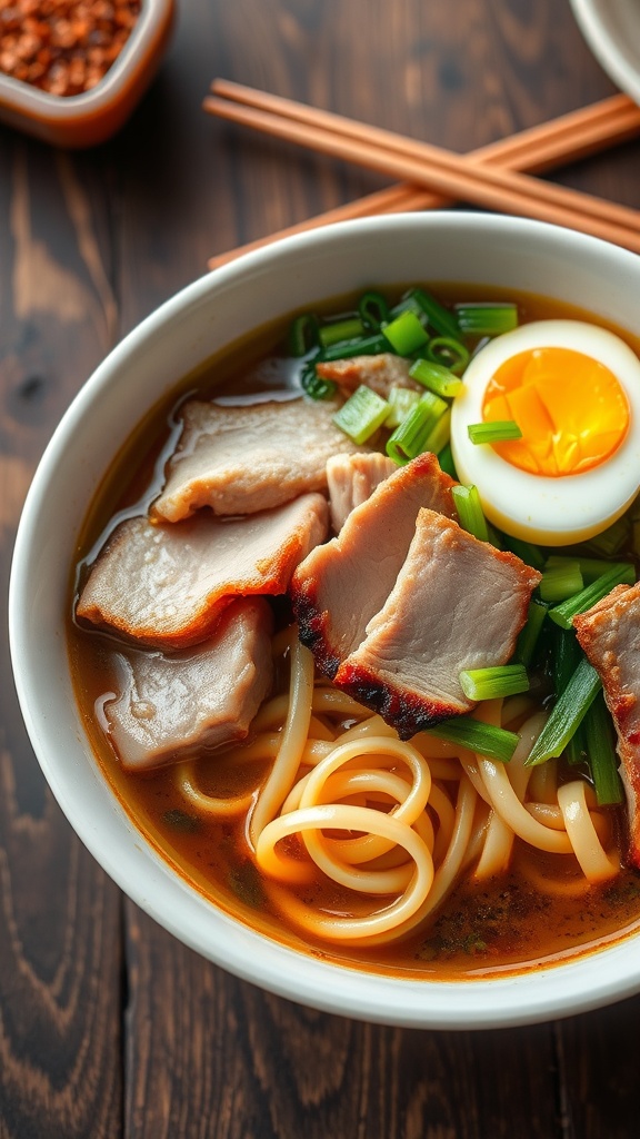 A bowl of pork ramen noodles with broth, pork, green onions, and a soft-boiled egg on a wooden table.
